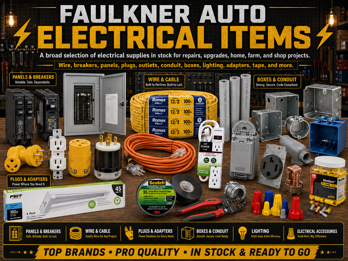 Faulkner Auto Electrical Items - broad selection of wire, breakers, panels, plugs, outlets, conduit, boxes, lighting, adapters, tape, and more